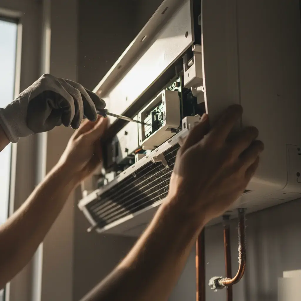 Technician inspecting a ductless mini split circuit board