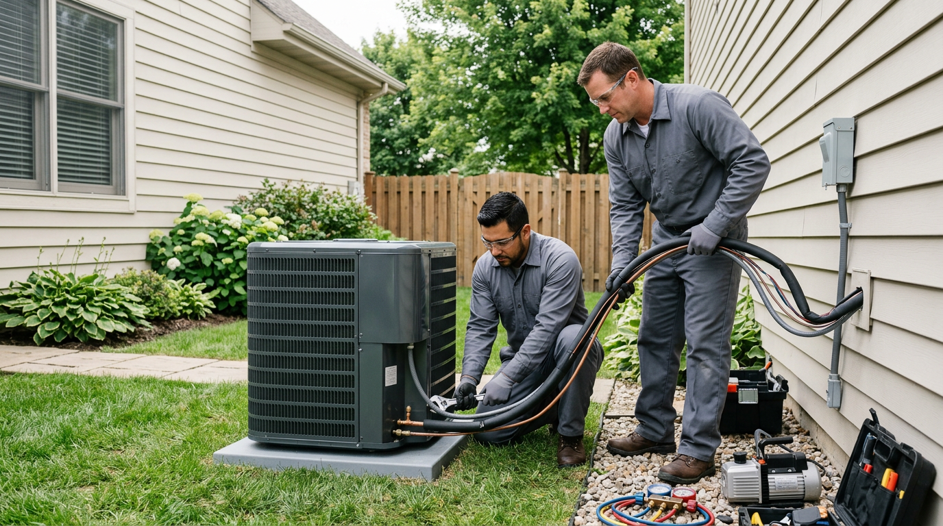 Technicians installing or servicing an outdoor air conditioning unit