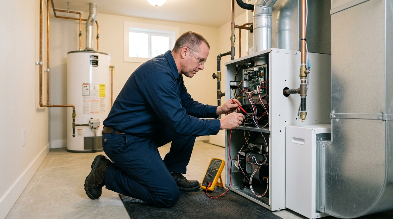 Technician repairing a residential furnace