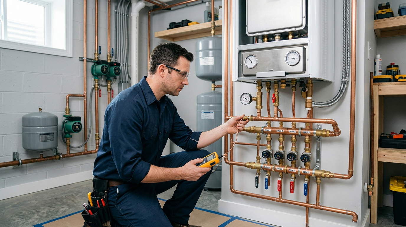 Technician inspecting a residential heating system