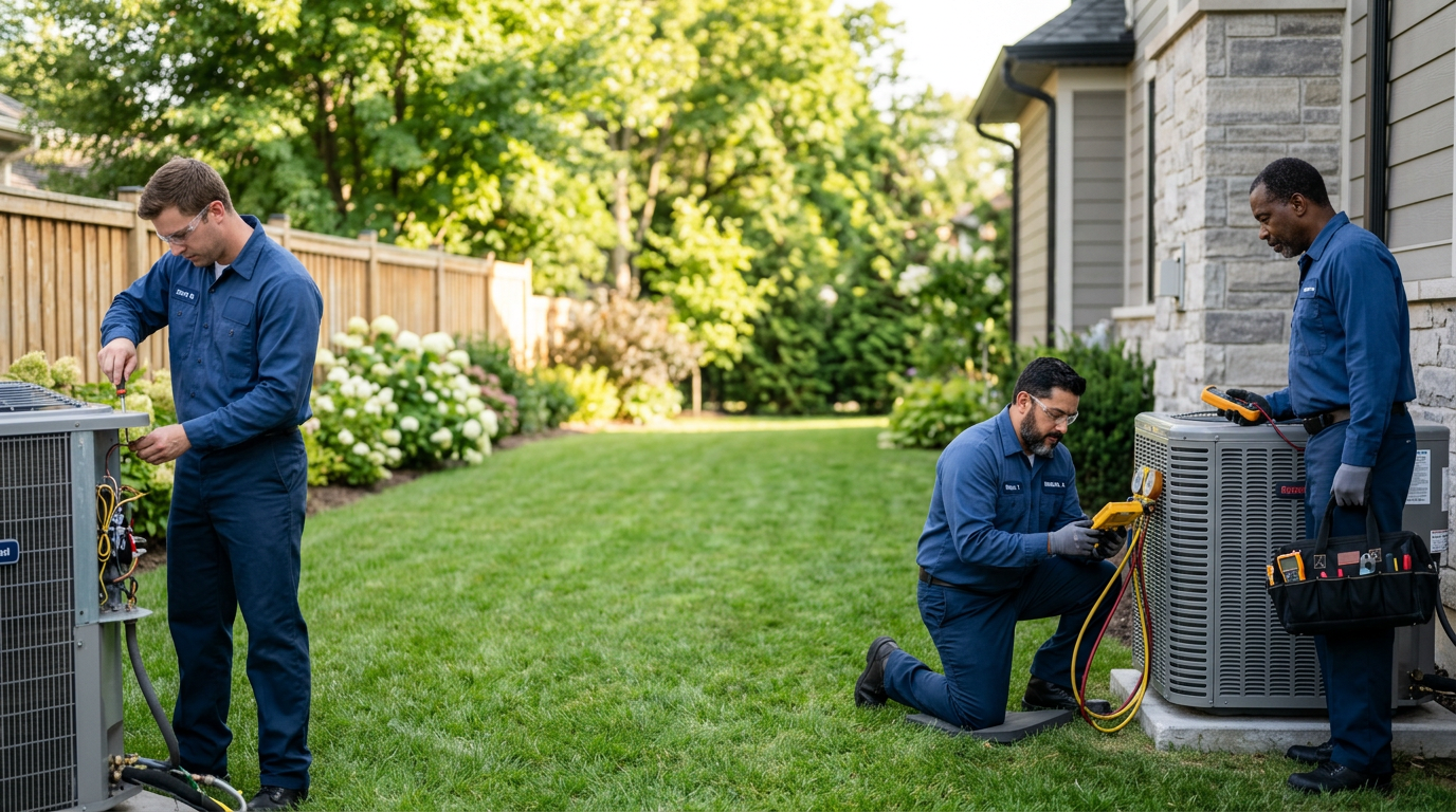 HVAC technicians servicing a residential air conditioning system