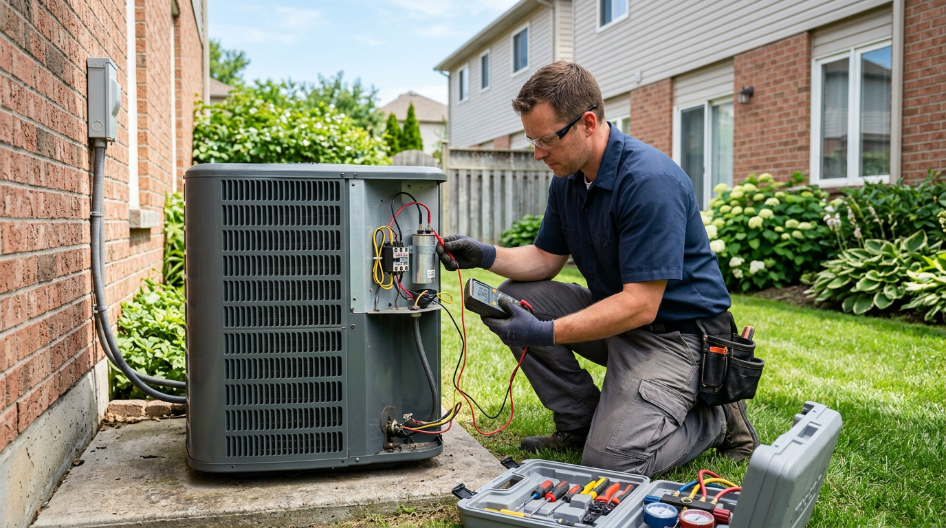 HVAC technician testing an AC capacitor on an outdoor unit in Deer Park