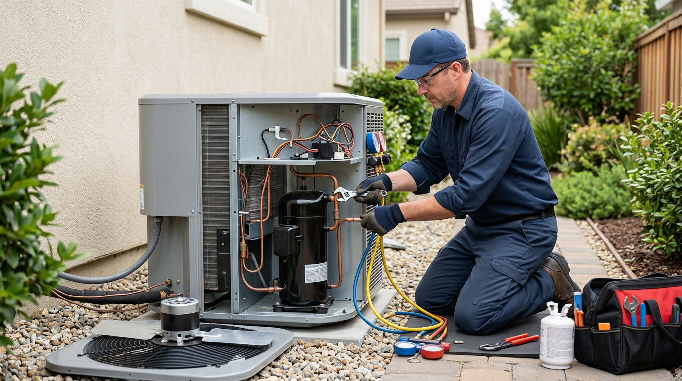 Technician replacing an AC compressor on a central air unit in Deer Park