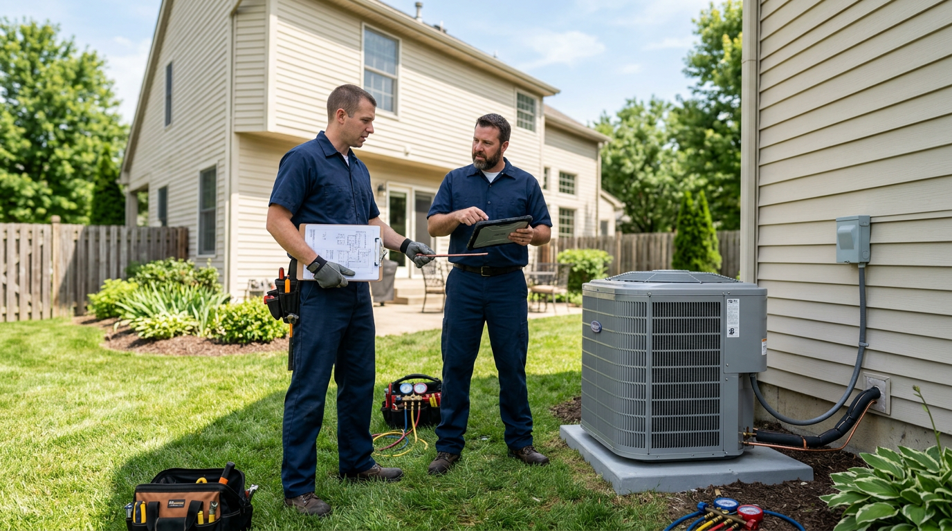 Air conditioning contractors discussing installation plans in Deer Park