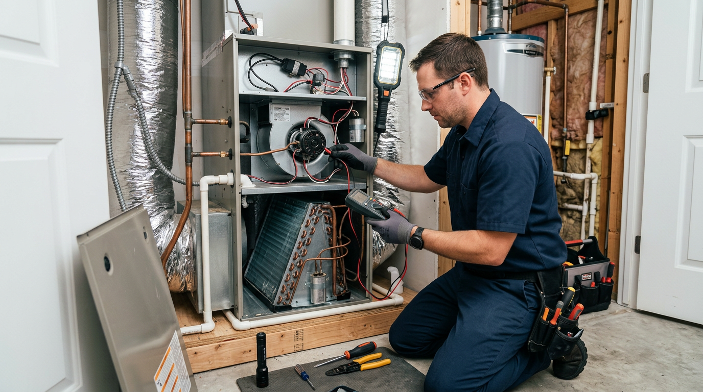 Technician servicing an indoor air handler unit in Deer Park