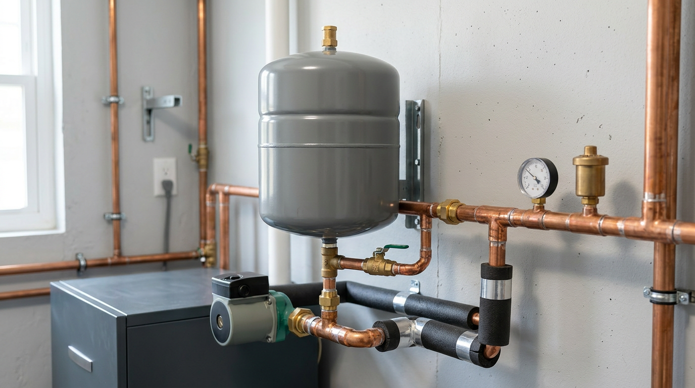 Residential boiler expansion tank replacement in clean mechanical room