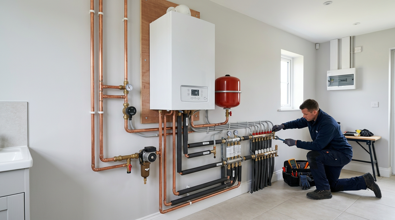 Boiler repair technician performing maintenance on residential hydronic heating system