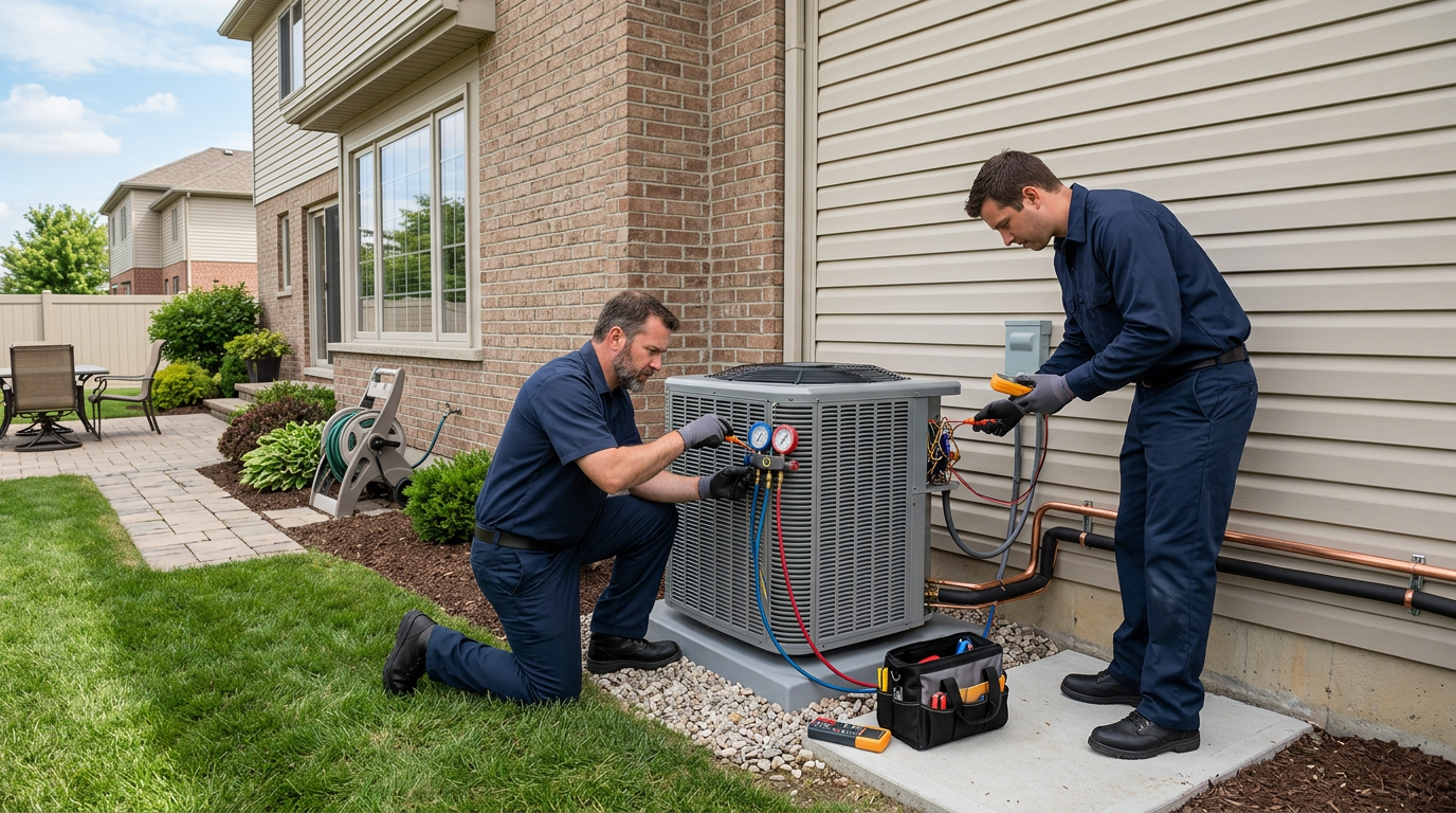 Completed central AC installation with technicians inspecting the unit in Deer Park