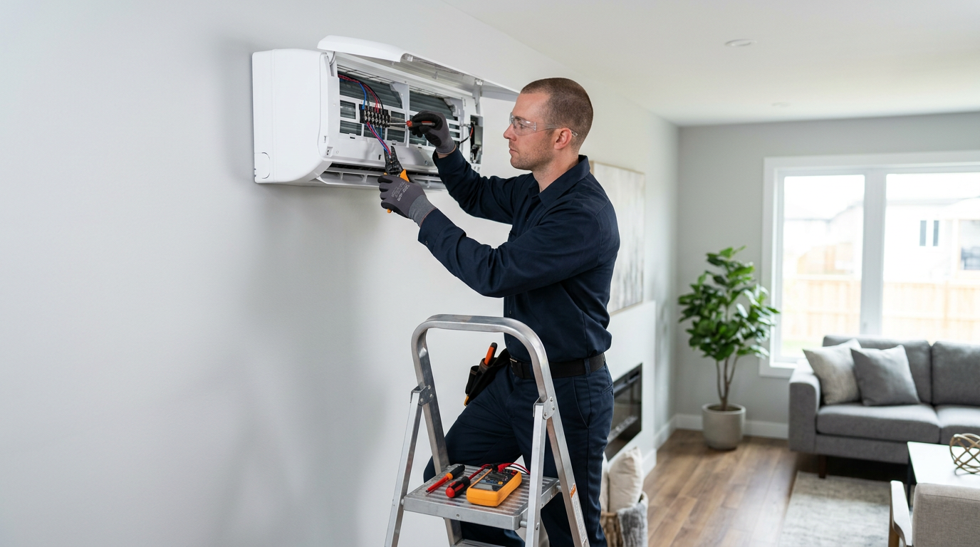 Technician mounting a ductless mini-split indoor unit in a Deer Park home