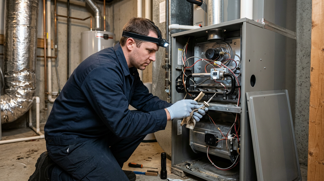 Technician cleaning a furnace flame sensor at the burner assembly