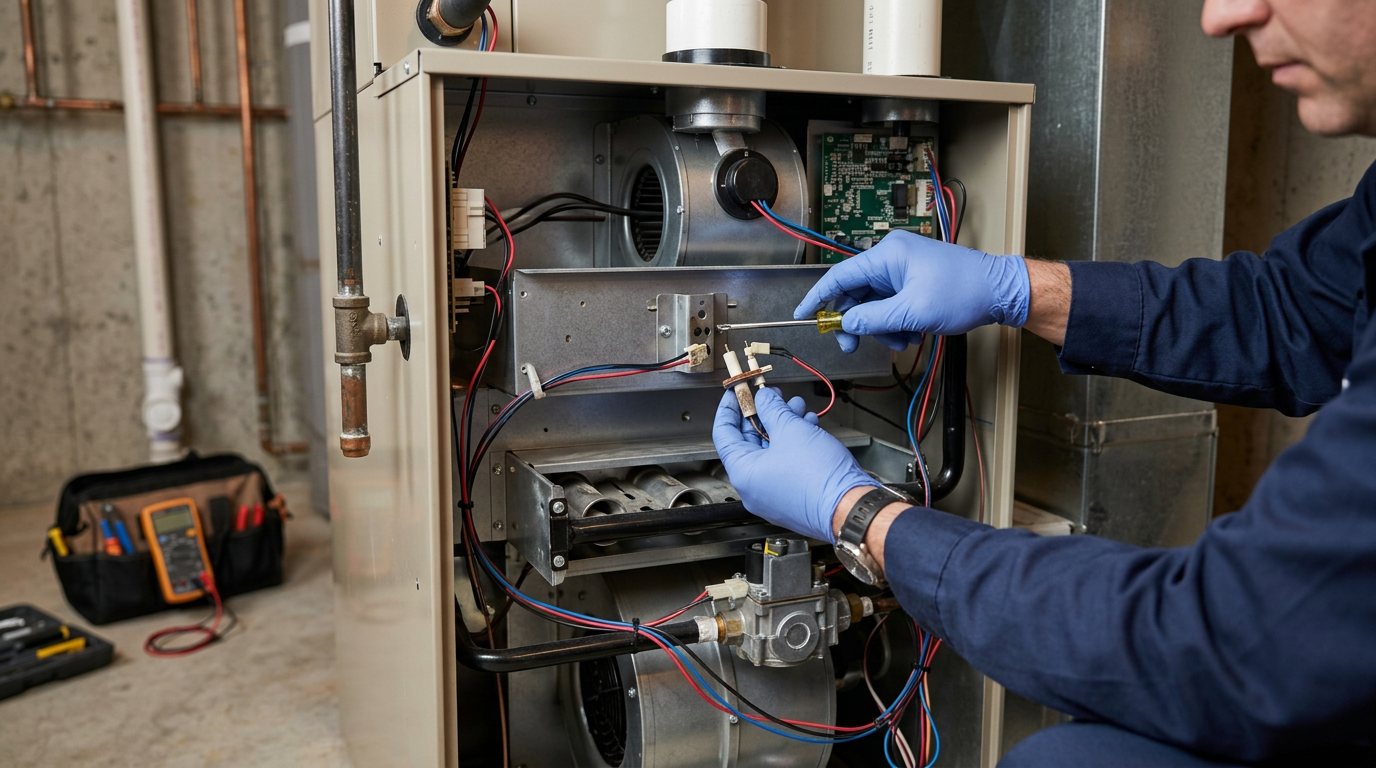 Technician replacing a furnace igniter in a residential heating system